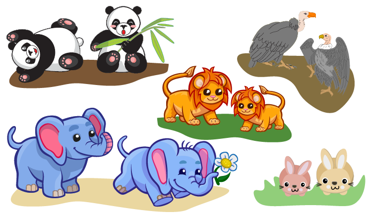 Pairs of animals playing and eating